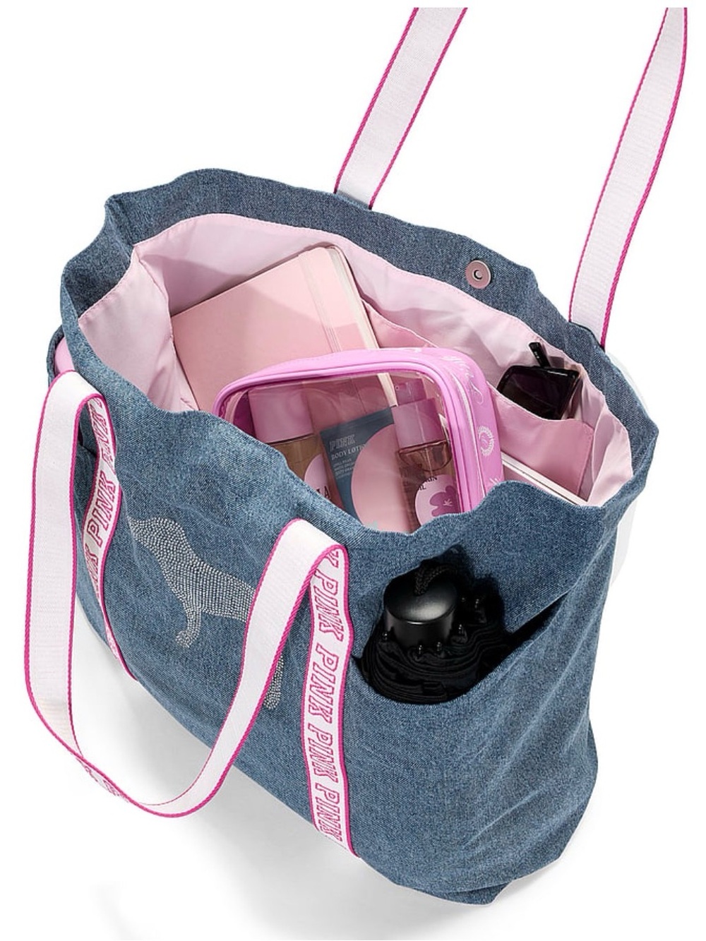 PINK Victoria's Secret Denim Diamanté Tote with Pink Logo Straps - Picture 3 of 3